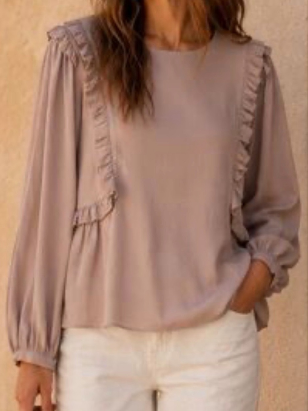 Aritzia TALULA Women's Mauve Ruffle Long-Sleeve Rayon Blouse size XS
